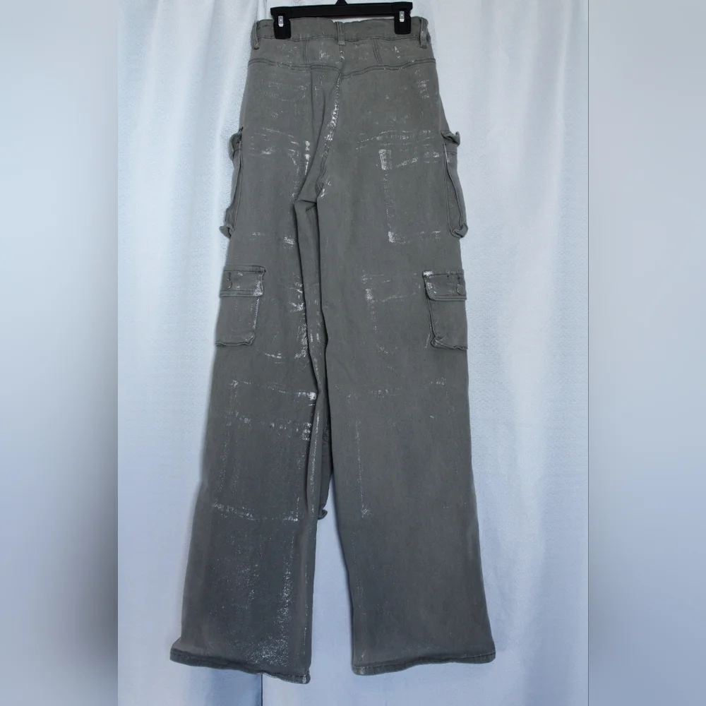 Fashion Nova Time To Shine Silver Foil Cargo Jeans Size 3 Baggy - Picture 4 of 8